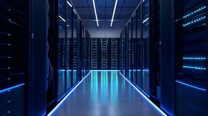 Futuristic Data Center Corridor with Blue LED Server Racks and Digital Infrastructure - Powered by Adobe