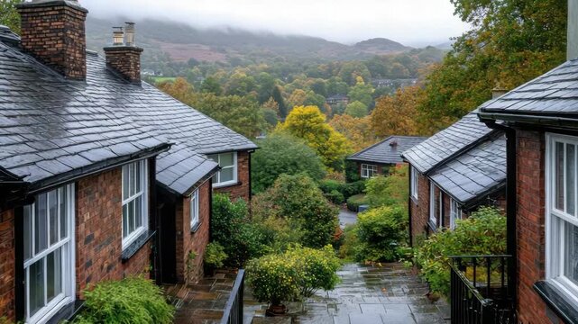 Autumn village lane between brick cottage and brick cottages with wet stone steps, leafy misty
