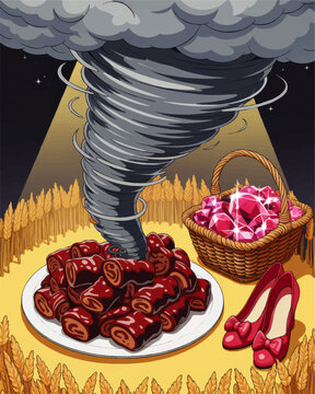 Whimsical fantasy tornado over candy dessert, ruby gems basket and red shoes in golden wheat field night illustration