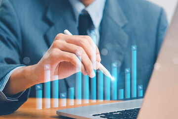 Hand holding graph with percentage, special offer of shopping department store discount and tax...