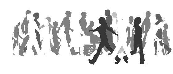 Diverse group of people silhouettes walking in different shades of gray isolated on a transparent background
