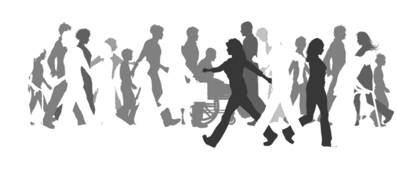 Diverse group of people silhouettes walking in different shades of gray isolated on a transparent background