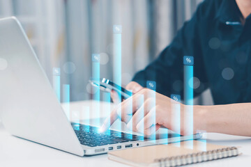 Hand holding graph with percentage, special offer of shopping department store discount and tax concept, adjusting interest rates, raising interest rates to fight inflation, returns on investments.