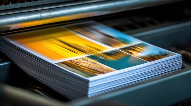 Closeup of a printing press applying a glossy spot UV coating on paper highlighting the shiny texture and enhanced visual appeal.