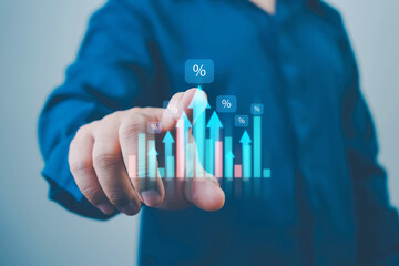 Hand holding graph with percentage, special offer of shopping department store discount and tax concept, adjusting interest rates, raising interest rates to fight inflation, returns on investments.