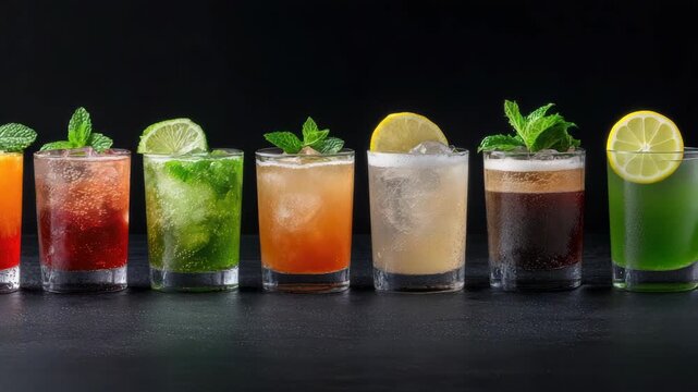 Colorful cocktail flight with mint, lemon and lime glass garnishes for refreshing summer drink