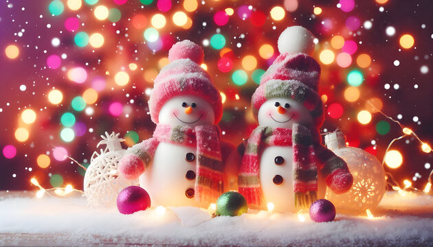 Winter Christmas Snowmen Scene with Warm Accessories and Colorful Bokeh