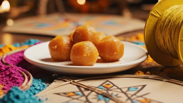 Makar Sankranti Festival Laddu Sweets Kite String and Rangoli Powder