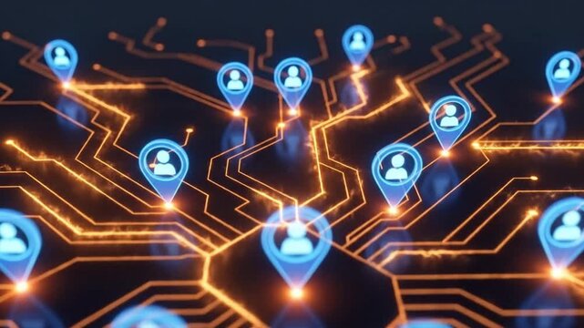 Digital Social Network Grid with Connected User Location Pins. Conceptual Illustration of Global Communication, Data Flow, and Online Community Tec...