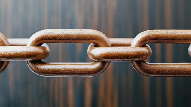 Polished rustic rusty metal chain link closeup showing textured corrosion and warm tones with