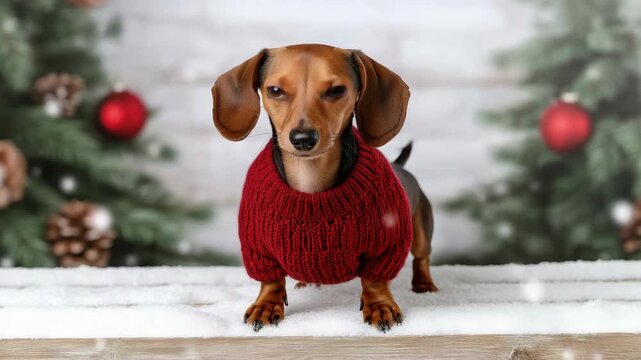 Small dachshund dog wearing red sweater snowy wooden surface with festive pine trees and holiday