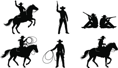 Wild West Cowboy and Cowgirl Silhouettes Vector Illustration Set, Horse Riding, Roping, Shooting with Revolvers and Rifles, Western Outlaw Theme, Isolated Black Graphics.