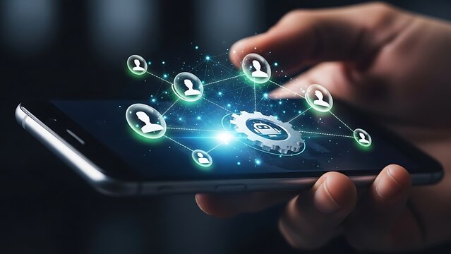 Smartphone displaying social network connections and digital technology. - Powered by Adobe