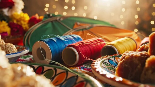 Indian Festival Preparation Sweets Thread Spools and Kite Flying Supplies