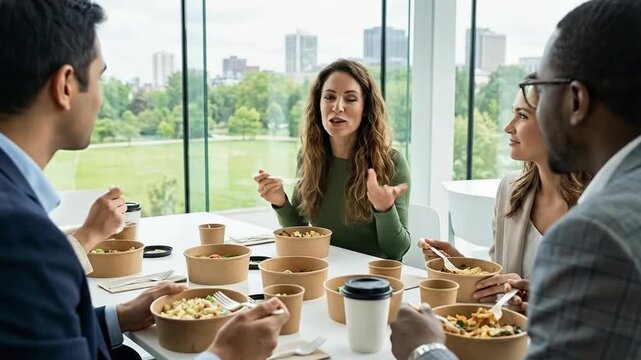Diverse Business Professionals Discussing Ideas During Sustainable Lunch Break in Modern Office, Overlooking City Park View