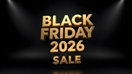 Golden 3D Render of 'BLACK FRIDAY 2026 SALE' Text with Spotlights on Dark Background