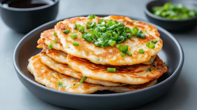 Savory scallion pancake stack topped with chopped scallion, green onion, golden crisp savory
