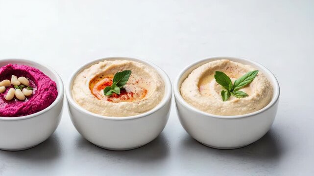 Creamy hummus trio with beet hummus dip pine nut basil in white bowl olive oil drizzle