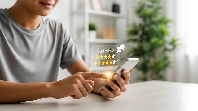 Smiling man using smartphone for online customer satisfaction survey and feedback.