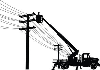 Silhouette of utility bucket truck lineman repairing power lines, electrical worker on lift servicing overhead transmission pole, energy infrastructure vector illustration