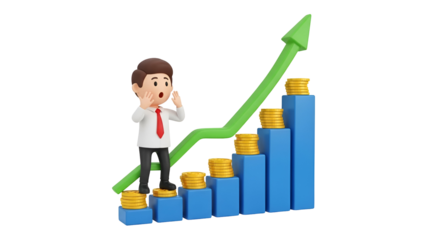 A surprised businessman observes a skyrocketing financial growth chart illustrated with stacks of gold coins.