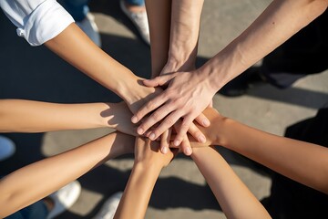 Diverse team hands stacked together in unity shows collaboration for a shared goal, symbolizing support and teamwork success