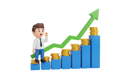 A character standing on a bar chart experiencing rapid financial growth