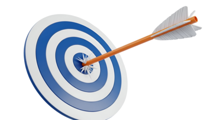 Achieving success: a perfect shot with an orange arrow hitting the blue bullseye target