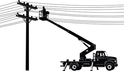 Silhouette of utility bucket truck lineman working on power lines, electrical maintenance on overhead transmission pole, energy infrastructure vector illustration © Samol