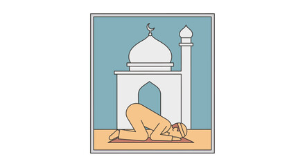 Illustration of a Muslim bowing in prayer at a mosque during Ramadan celebration