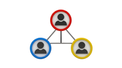 Hierarchical network structure with three interconnected user icons in a 3d render