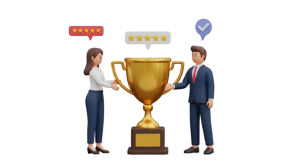 Celebrating teamwork and achievement with a golden trophy and positive feedback