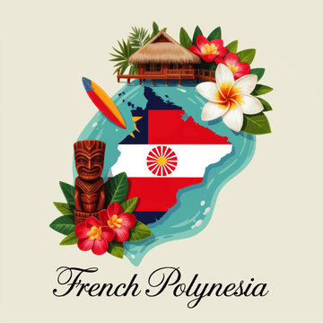 French Polynesia tropical travel illustration with island map flag tiki statue bungalow flowers surfboard exotic vacation design