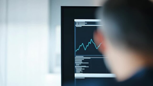 Mature man viewing financial chart and line graph monitor with contemplative focused data analysis