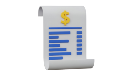 A 3d rendered illustration of a white paper receipt or invoice with a yellow dollar sign icon