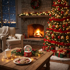 Fototapeta premium Cozy Christmas living room with a decorated coffee table, glowing fireplace, festive ornaments, and warm ambient lighting.