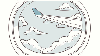 Airplane wing seen through a window flying above clouds illustration for travel and aviation concepts