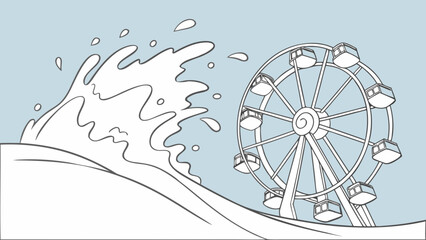 Large ocean wave crashing near a Ferris wheel representing a natural disaster or extreme weather event concept line art illustration