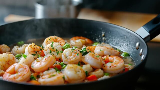Saute shrimp and peas skillet with herbs saute seafood savory skillet feast