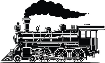 Vintage steam locomotive silhouette with smoke, classic railway engine vector illustration for transportation history, industrial heritage, retro travel, and traditional train design concepts © Samol