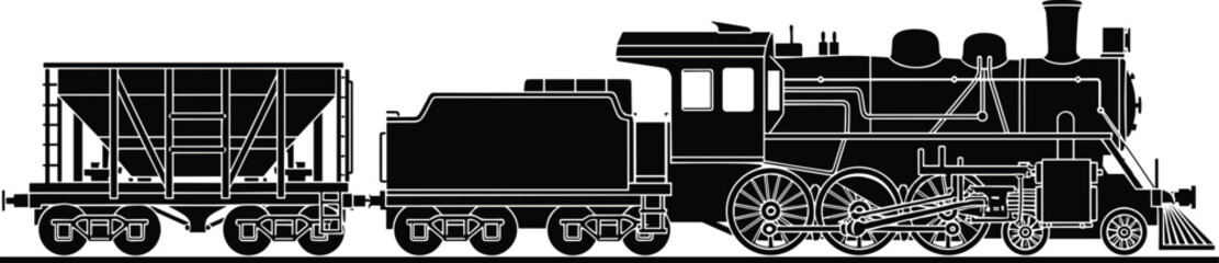 Vintage steam locomotive with coal tender and freight wagon silhouette, classic railway transportation vector illustration for industrial history and retro train design projects