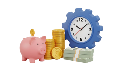 Saving and investment over time: a 3d concept featuring a piggy bank, money, and clock gear