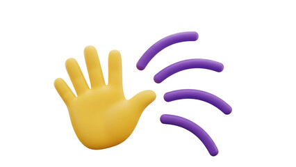 Stylized 3d rendered waving yellow hand with vibrant purple lines illustration on black