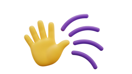 Stylized 3d rendered waving yellow hand with vibrant purple lines illustration on black