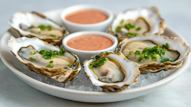 Fresh oyster on ice with mignonette sauce, chopped chive garnish and elegant seafood presentation