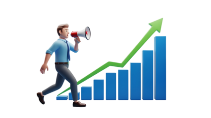 Businessman character with megaphone walks on growth chart announcing success