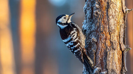 woodpecker. Woodpecker perched on tree trunk captured mid-peck in morning forest light. wildlife magazines, conservation campaigns, designed for eco-tourism storytelling.
