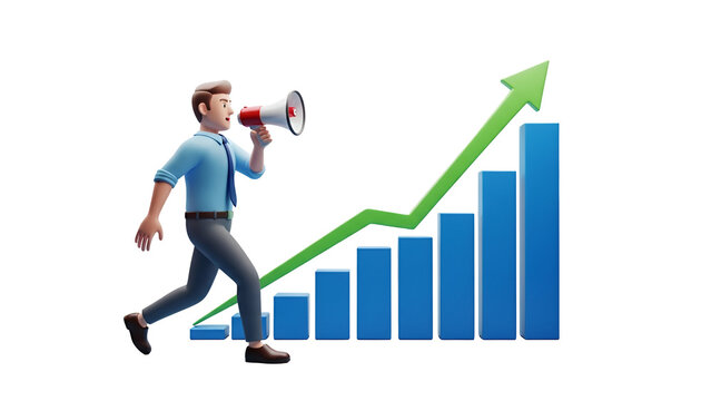 Businessman character with megaphone walks on growth chart announcing success - Powered by Adobe