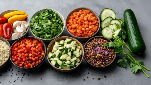 Chopped vegetable grain cucumber tomato bell pepper garlic bowls arranged for vibrant healthy meal