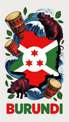 Burundi vector illustration with map and national flag, hippos, African drums, waves and green leaves, vibrant travel art design